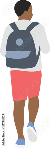 student walking with backpack from back view, flat vector illustration for school life, education, youth lifestyle and travel concept