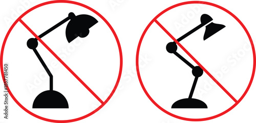 no Reading Light icon. No Focused Light Icons. Reading lamp forbidden symbol. Planetarium and observatory regulation signs
