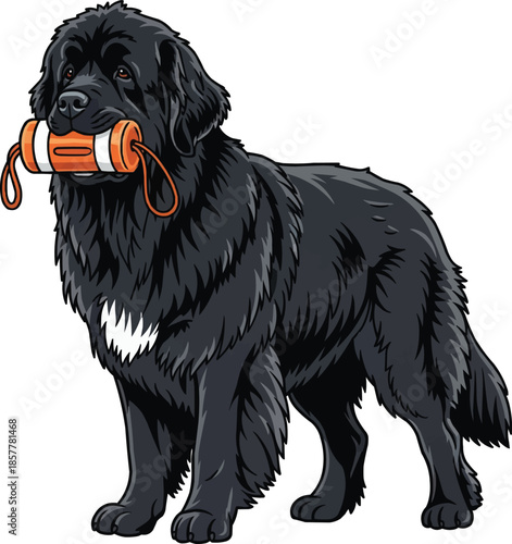 Newfoundland Dog holding floating dummy working stance