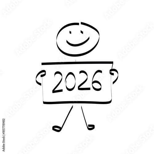 2026. doodle. Simple hand-drawn stick figures presenting the year 2026 on a board, symbolizing future planning, goals, and business forecasting.