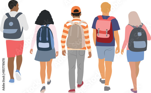 diverse group of students walking with backpacks, back view flat vector illustration for education, school life, travel and youth concept