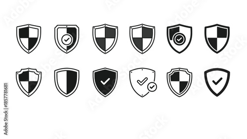 Set of black and white shield icons in various designs and checkered patterns for security and protection symbols in modern minimalist style