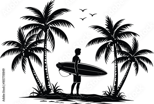 Tropical beach silhouette, surfboard man, palm trees, birds flying, summer vacation, ocean view, adventure travel, serene coast, black white art