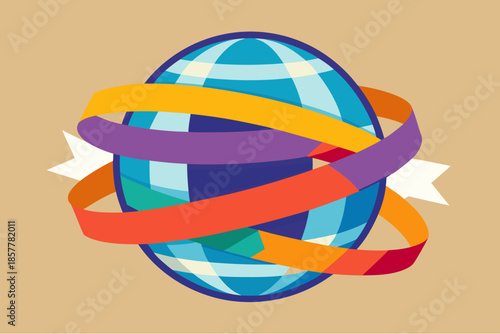 Colorful ribbons wrapping around a stylized globe symbolizing unity, global connection, diversity and international cooperation