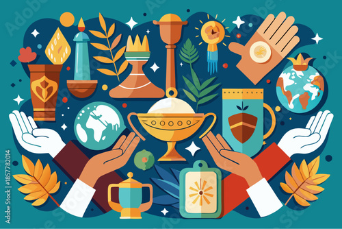 Illustration of hands holding trophies, medals and global symbols representing achievement, excellence, unity and world success