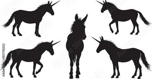 Unicorn silhouette illustration, magical fantasy animal, black mythical creature, symmetrical design, vector art, mystical horse, enchanted theme, isolated graphic
