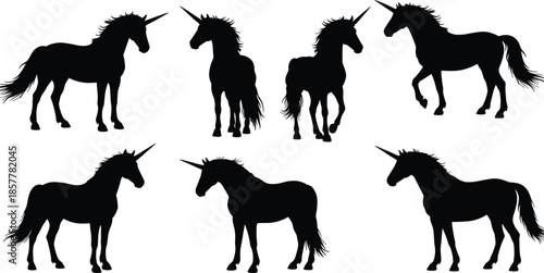 Unicorn silhouette collection, mythical horse vector, fantasy animal design, black unicorn pose set, magical creature illustration, isolated graphic art
