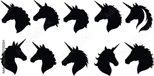 Unicorn silhouette vector set, black unicorn heads, fantasy animal icons, magical creature design, mythical horse illustration, logo template collection