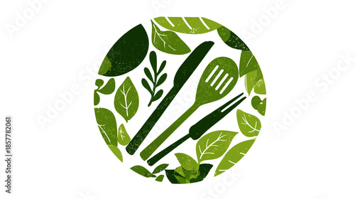 Organic Healthy Food and Cooking Icon with Green Leaves and Kitchen Utensils in a Circular Design. Fresh, Natural, Vegan Concept.