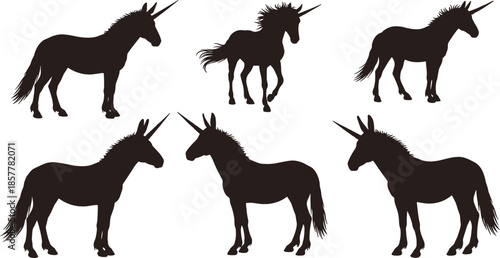 Unicorn silhouette vector, black unicorn icons, fantasy horse clipart, magical creature design, mythical animal illustration, isolated unicorn graphic