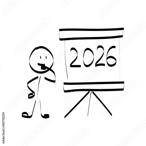 2026. doodle. Simple hand-drawn stick figures presenting the year 2026 on a board, symbolizing future planning, goals, and business forecasting.