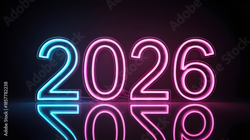 Neon 2026 numbers in futuristic glow with pink and blue lighting on dark background for new year celebration