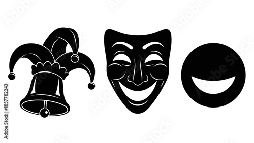 Black and white vector illustration of a jester hat, comedy mask, and happy face icon.
