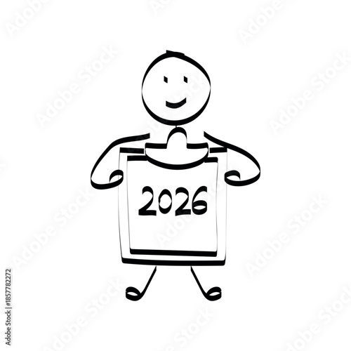 2026. doodle. Simple hand-drawn stick figures presenting the year 2026 on a board, symbolizing future planning, goals, and business forecasting.