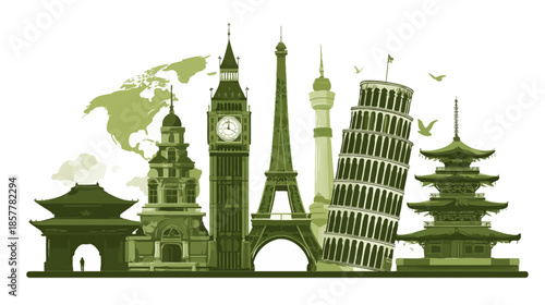 International Travel & Tourism: Famous World Monuments Silhouette with Global Map Background