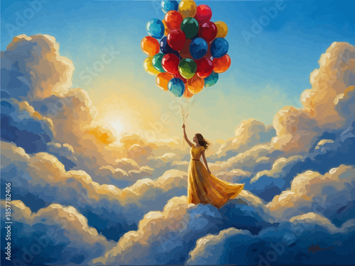 Whimsical Oil Painting of Girl with Colorful Balloons in Cloud Sky
