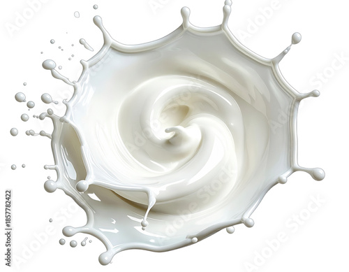 A high-angle, isolated shot of white liquid forming a beautiful splash against a black backdrop