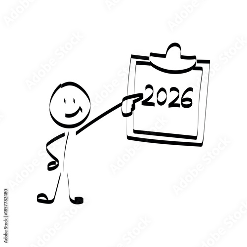 2026. doodle. Simple hand-drawn stick figures presenting the year 2026 on a board, symbolizing future planning, goals, and business forecasting.
