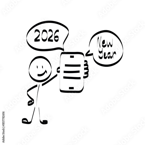 2026. doodle. Simple hand-drawn stick figures presenting the year 2026 on a board, symbolizing future planning, goals, and business forecasting.