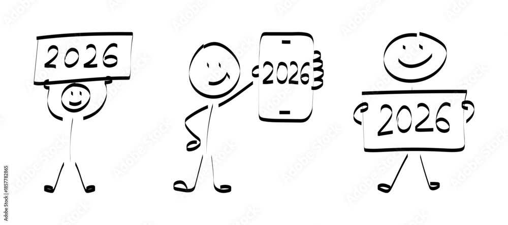 Fototapeta premium 2026. doodle. Simple hand-drawn stick figures presenting the year 2026 on a board, symbolizing future planning, goals, and business forecasting.