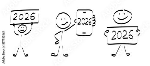 2026. doodle. Simple hand-drawn stick figures presenting the year 2026 on a board, symbolizing future planning, goals, and business forecasting.