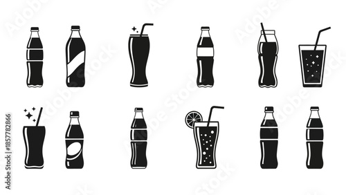 Set of black and white icons depicting various soda bottles and glasses with straws, representing refreshing beverages.