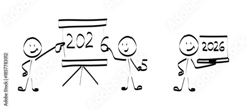 2026. doodle. Simple hand-drawn stick figures presenting the year 2026 on a board, symbolizing future planning, goals, and business forecasting.