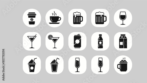 Collection of various beverage icons including coffee, tea, beer, wine, cocktails, soda, juice, milk, and specialty drinks.