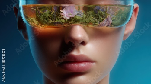 Close-up portrait of a woman's face. she is wearing a pair of transparent glasses that are filled with water and various types of flowers and leaves.