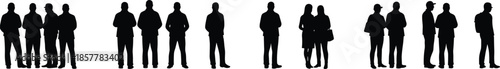 Silhouettes of people in groups, social interaction, body language, casual standing, conversation poses, black figures, minimalist design, white background