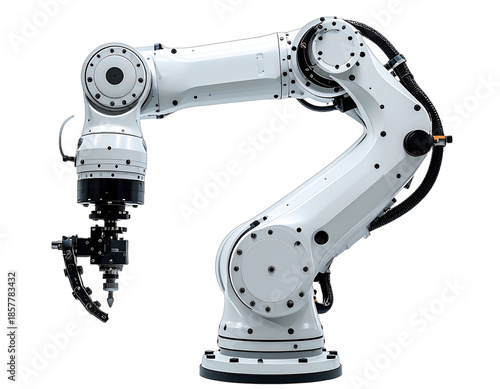 Modern white industrial robot arm in a studio environment against a black background