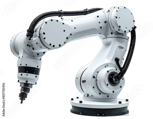 Modern, pristine white robotic arm, with multiple joints and black detailing, against a black background