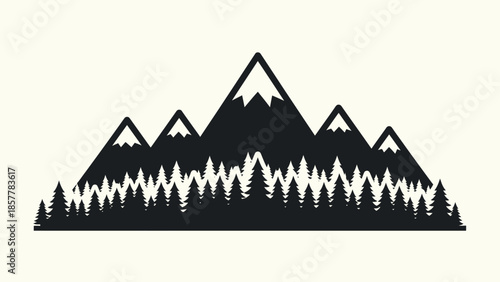 Minimalist black and white mountain range with pine trees illustration, perfect for outdoor adventure themes.