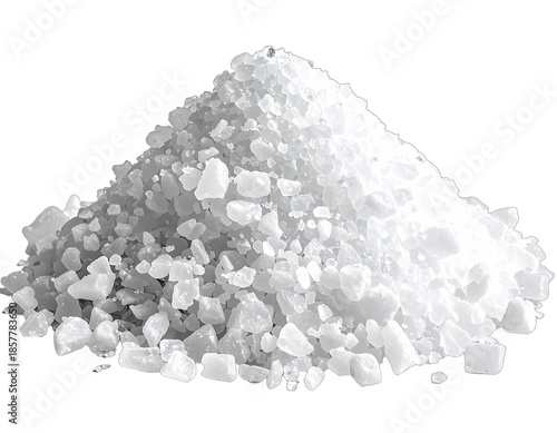 Close-up view of a heap of white, irregularly shaped, crystalline material against black background