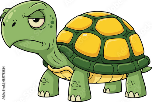 Grumpy cartoon turtle with yellow shell, displeased expression, green body, humorous animal character, slow mood – flat vector illustration