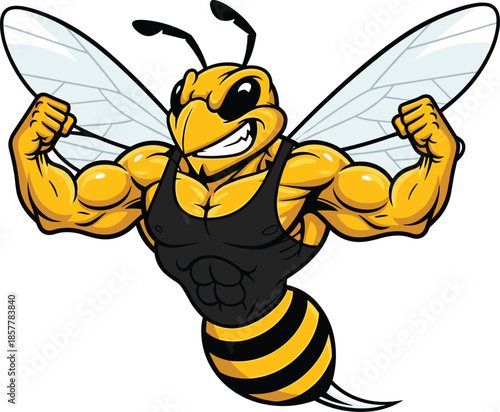 Muscular cartoon bee flexing arms, strong insect character, confident pose, bodybuilding humor, striped abdomen – flat vector illustration