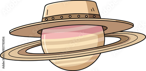 Planet Saturn with cowboy hat, pastel colors, humorous space concept, ringed planet character, astronomy parody – flat vector illustration