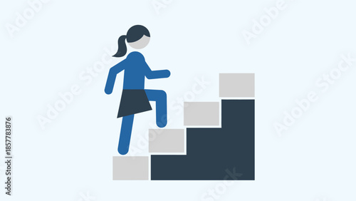Woman climbing stairs, symbolizing career advancement, personal growth, and overcoming challenges to achieve success.