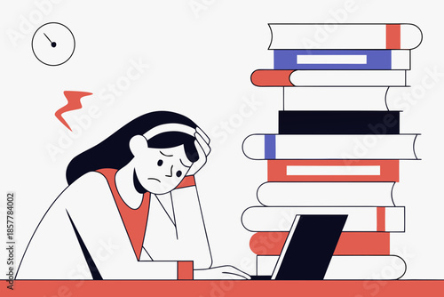 Exhausted Student Studying with Laptop and Books Flat Vector Illustration