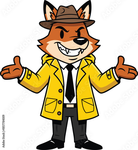 Cartoon fox detective in trench coat, fedora hat, confident pose, mystery character, anthropomorphic animal – flat vector illustration