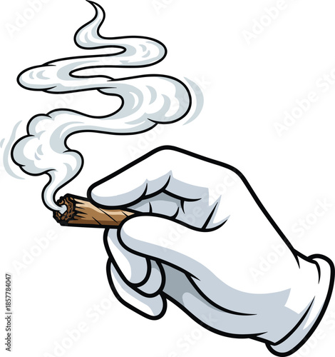 Cartoon glove holding lit cigar, smoke swirls rising, whimsical hand gesture, humorous smoking concept – flat vector illustrationCartoon glove holding lit cigar, 