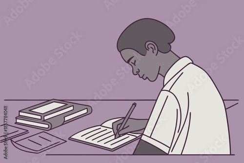 Student Writing Notes at Desk Flat Education Vector Illustration