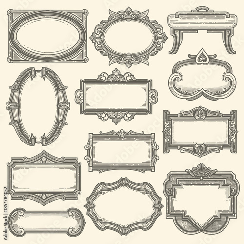 Collection of ornate vintage picture frames and decorative elements in a classic illustration style
