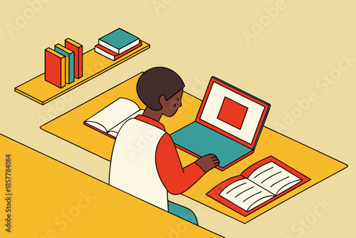 Student Studying at Desk with Books and Laptop Flat Education Vector Illustration