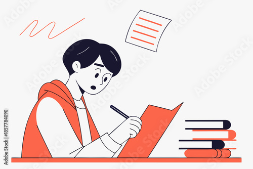 Student Writing Notes While Studying Flat Education Vector Illustration