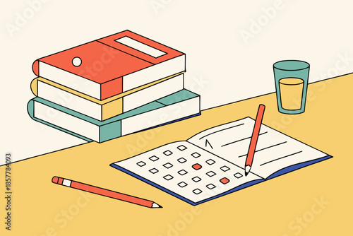Study Desk with Books and Exam Sheet Flat Vector Illustration