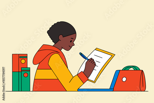 Student Studying at Desk with Notes and Backpack Flat Education Vector Illustration