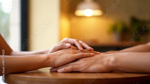 Wallpaper Mural Hands offering comfort and support on a wooden table indoors Torontodigital.ca