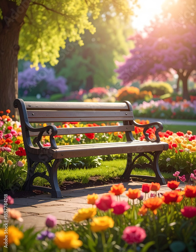 Empty park bench surrounded by vibrant spring flowers in sunny garden