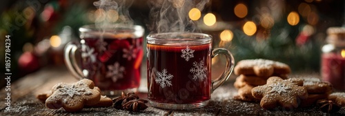 Wallpaper Mural Mug of steaming mulled wine and gingerbread cookies on a rustic wooden table, christmas lights and snowflakes. Torontodigital.ca